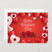 ハッピーバレンタインデー赤いハートとバラ ポストカード (正面/裏面)