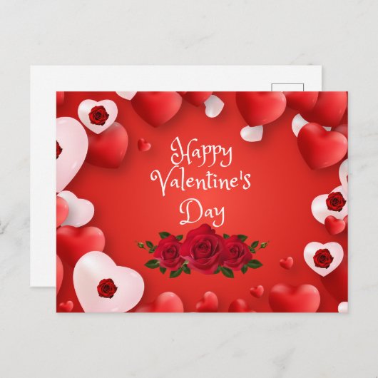 ハッピーバレンタインデー赤いハートとバラ ポストカード (正面/裏面)