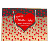 ハッピーバレンタインデー赤いハートパターン金ゴールドブラック ラージペーパーバッグ (裏面)