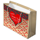 ハッピーバレンタインデー赤いハートパターン金ゴールドブラック ラージペーパーバッグ (正面アングル)