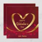 ハッピーバレンタインデー赤いハート金ゴールドリボン シーズンカード (正面/裏面)