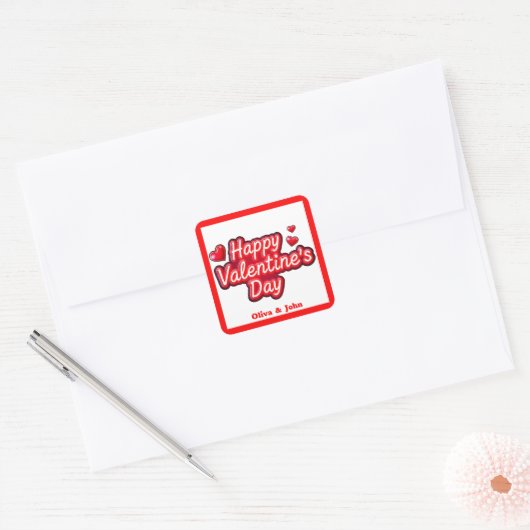 ハッピーバレンタインデー赤いハート スクエアシール (封筒)