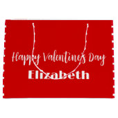 ハッピーバレンタインデー赤と白ストライプ名 ラージペーパーバッグ (正面)