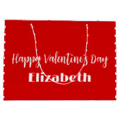 ハッピーバレンタインデー赤と白ストライプ名 ラージペーパーバッグ (裏面)