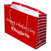 ハッピーバレンタインデー赤と白ストライプ名 ラージペーパーバッグ (裏面アングル)