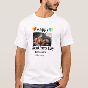 ハッピーバレンタインデー追加カップル名フォトシンプルー Tシャツ