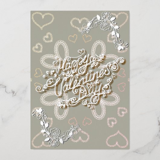 ハッピーバレンタインデー銀レタリングとバラ 箔シーズンカード (正面)