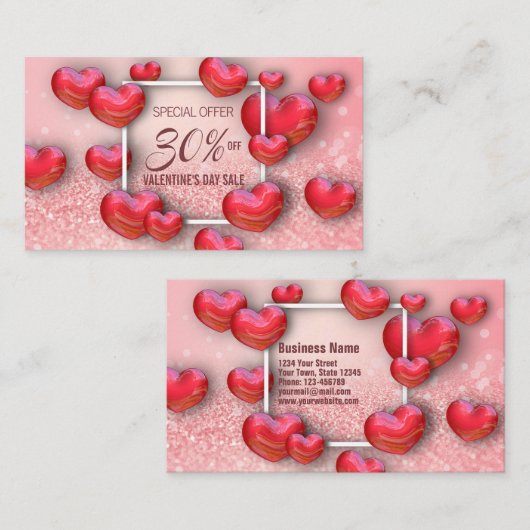 ハッピーバレンタインデー3D赤いハートグリッター 割引カード (正面/裏面)