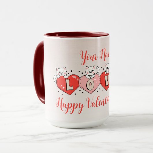 ハッピーバレンタインデー、かわいい猫とハート マグカップ (正面左)