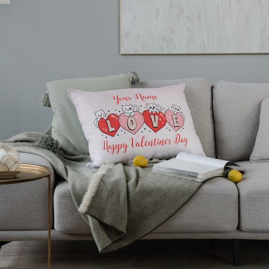 ハッピーバレンタインデー、かわいい猫とハート ランバークッション