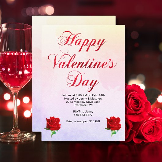 ハッピーバレンタインデー ソフトパステルレッドローズパーティー 招待状