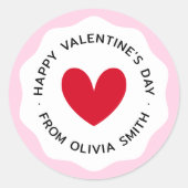 ハッピーバレンタインデー ピンクの波線の境界 赤いハート ラウンドシール (正面)