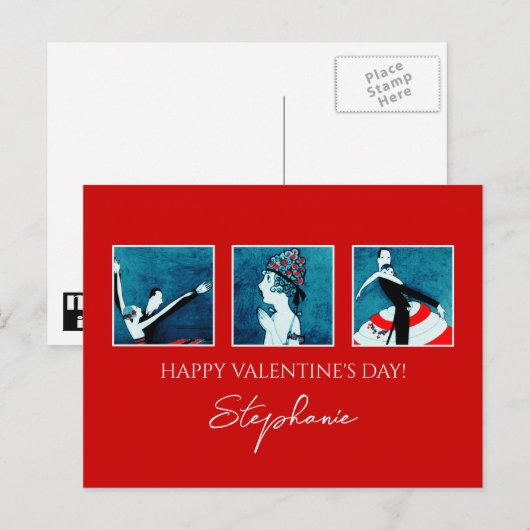 ハッピーバレンタインデー。ヴィンテージアールデコ シーズンポストカード (正面/裏面)