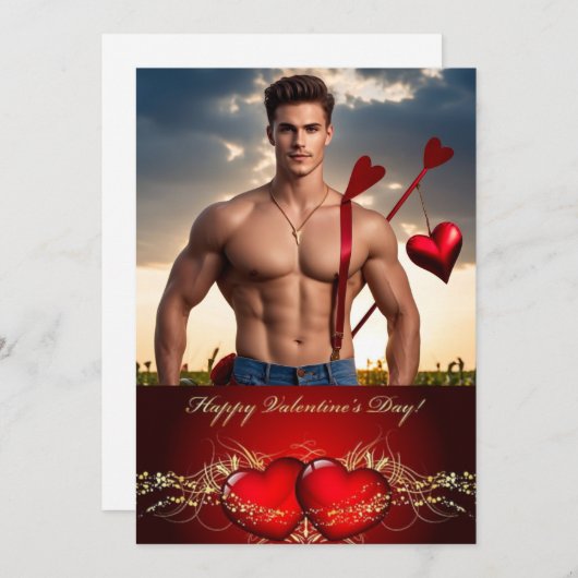 ハッピーバレンタインデー - 個性的な筋肉質なイケメン シーズンカード (正面/裏面)