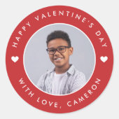 ハッピーバレンタインデー:名前をカスタムする写真キッズ ラウンドシール (正面)