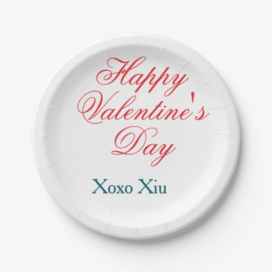 ハッピーバレンタインデー 赤 青 xoxo 愛 名前 ペーパープレート (正面)