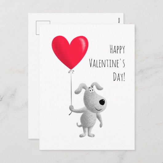ハッピーバレンタイン赤いハートバルーンカワイドッグパピー シーズンポストカード (正面/裏面)
