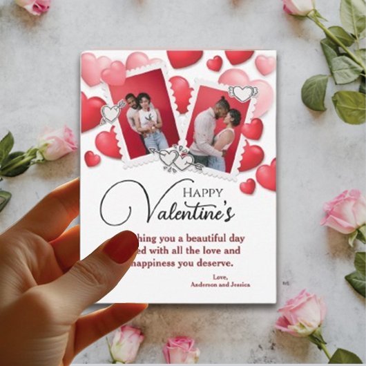 ハッピーバレンタイン2枚フォトコラージレッドピンクハート シーズンカード
