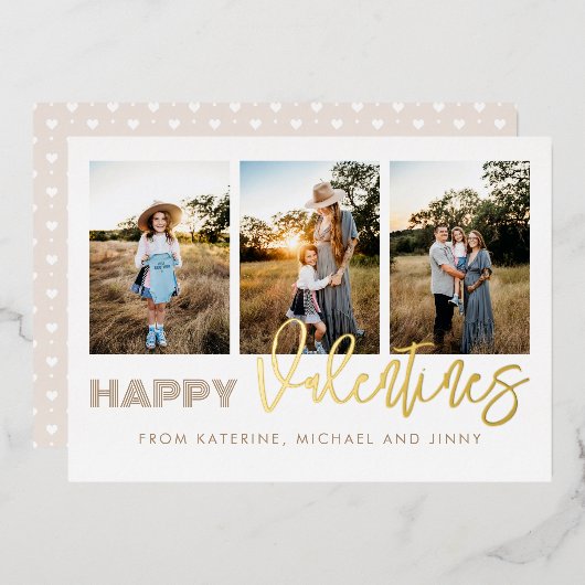 ハッピーバレンタイン3フォトコラージファミリーカード 箔シーズンカード (正面/裏面)