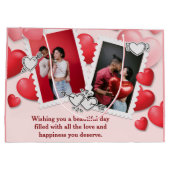 ハッピーバレンタイン4枚フォトコラージレッドピンクハート ラージペーパーバッグ (裏面)