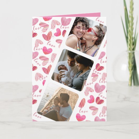 ハッピーバレンタイン かわいいピンクのハートの写真コラージュ カード (正面)