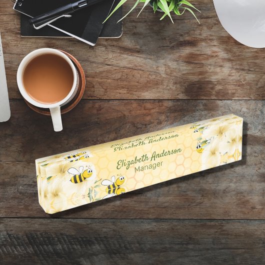 ハッピーバンブルミツバチの熱帯花模様 デスクネームプレート