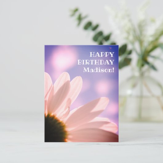 ハッピーバースデーあいさつデイジーフラワーフォトカスタム ポストカード (スタンド正面)
