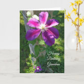 ハッピーバースデーおばあちゃんパープルフラワークレマティス カード (黄色い花)