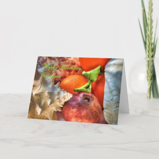 ハッピーバースデーおばあちゃん – 貝殻と果物 カード (正面)