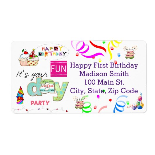 ハッピーバースデーおもしろいカップケーキ住所 シール (正面)