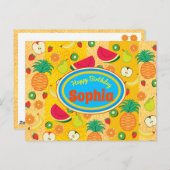 ハッピーバースデーおもしろいカラフルフルーツラベル明るい ポストカード (正面/裏面)