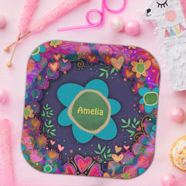 ハッピーバースデーおもしろいカラフルフローラ名前をカスタムする ペーパープレート