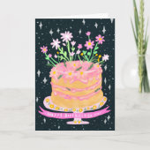 ハッピーバースデーおもしろいケーキとピンクの花ガッシュ カード (正面)