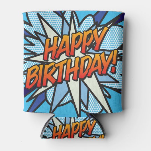 ハッピーバースデーおもしろいモダン漫画ブックブルー 缶クーラー (正面)
