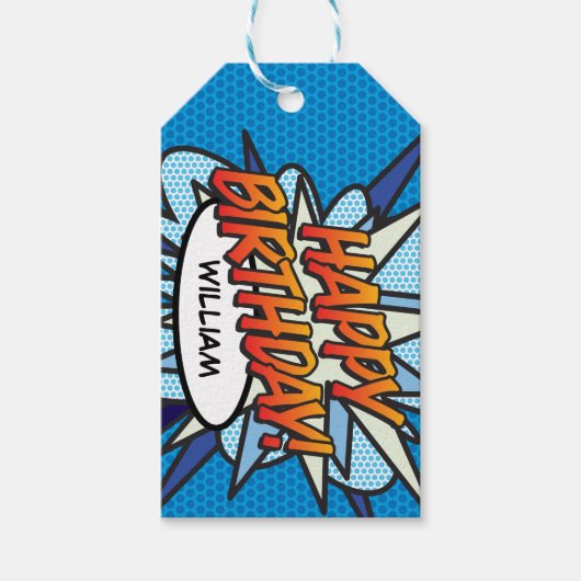 ハッピーバースデーおもしろいレトロ漫画ブックアポップ・アートのート ギフトタグ (正面)