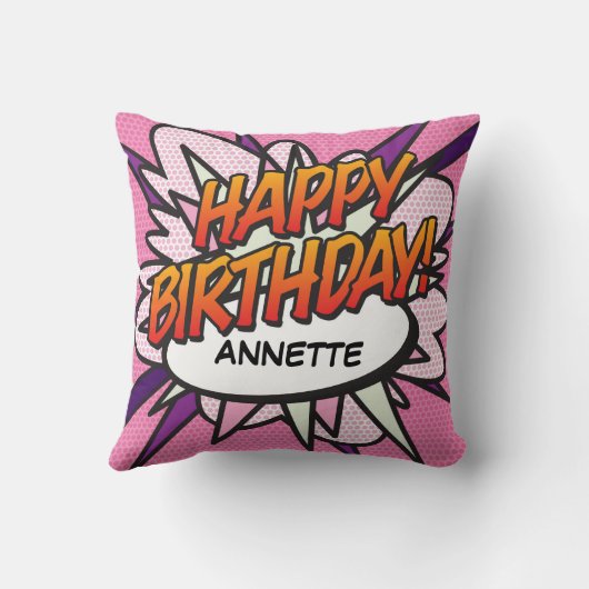 ハッピーバースデーおもしろいレトロ漫画ブックアポップ・アートのート クッション (裏面)