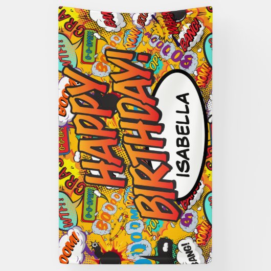 ハッピーバースデーおもしろいレトロ漫画ブックアポップ・アートのート 横断幕 (縦)