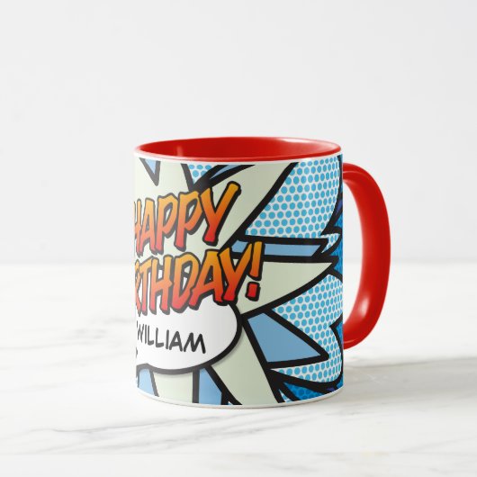 ハッピーバースデーおもしろいレトロ漫画帳 マグカップ (正面右)