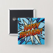 ハッピーバースデーおもしろいレトロ漫画帳 缶バッジ (正面&裏面)