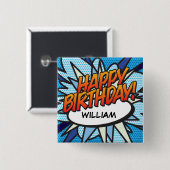 ハッピーバースデーおもしろいレトロ漫画帳 缶バッジ (正面&裏面)