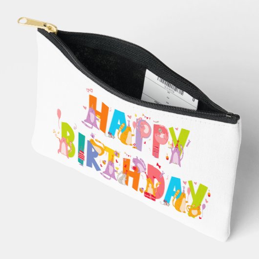 ハッピーバースデーおもしろい猫好きデイお祝い アクセサリーポーチ (見開き)