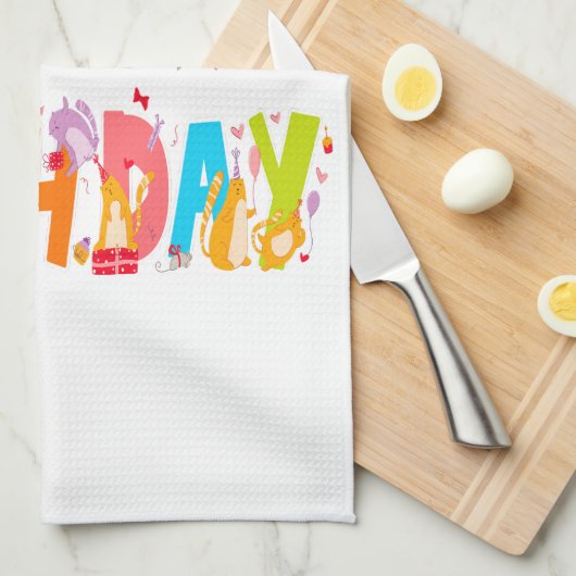 ハッピーバースデーおもしろい猫好きデイお祝い キッチンタオル (四つ折り)