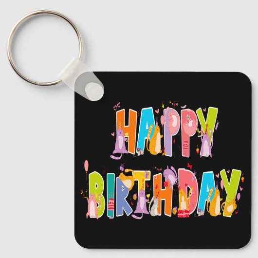 ハッピーバースデーおもしろい猫好きデイお祝い キーホルダー (正面)