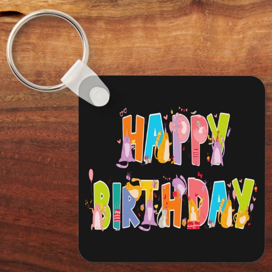 ハッピーバースデーおもしろい猫好きデイお祝い キーホルダー (正面)