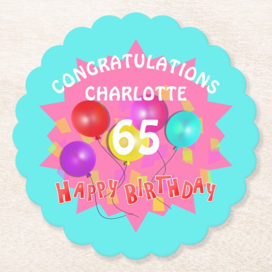 ハッピーバースデーおもしろい65番目のマイルストパーソナライズされたーン ペーパーコースター (正面)