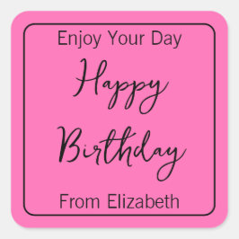 ハッピーバースデーおよび送信者の名前ホットピンクとブラック スクエアシール