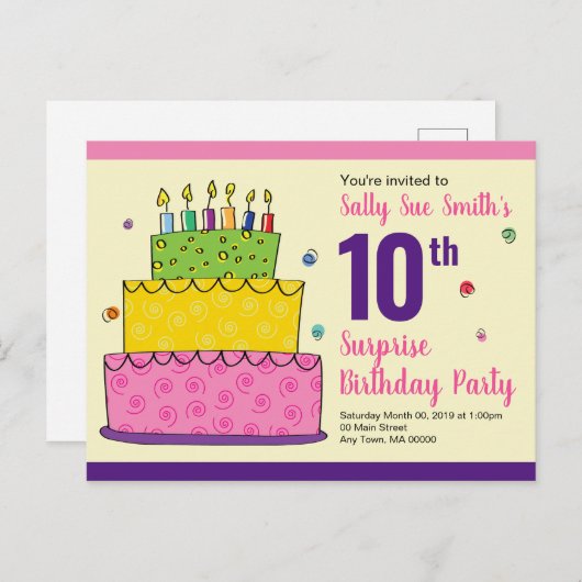 ハッピーバースデーお洒落ケーキキャンドル インビテーションポストカード (正面/裏面)