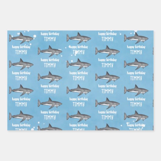 ハッピーバースデーお洒落ブルー海サメおもしろい ラッピングペーパーシート (正面)