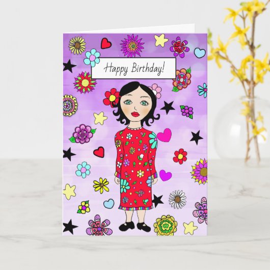 ハッピーバースデーお洒落レディーウィズフラワーズ カード (黄色い花)