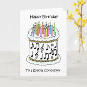 ハッピーバースデーから指揮者への漫画ケーキ カード (黄色い花)